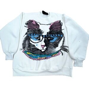 Vintage Cat Sweatshirt Women XL White Crew Neck‎ Sweater Pull Over All Over *
